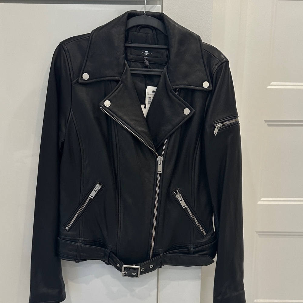 7 For All Mankind Black Leather Moto Jacket with Belted Hem